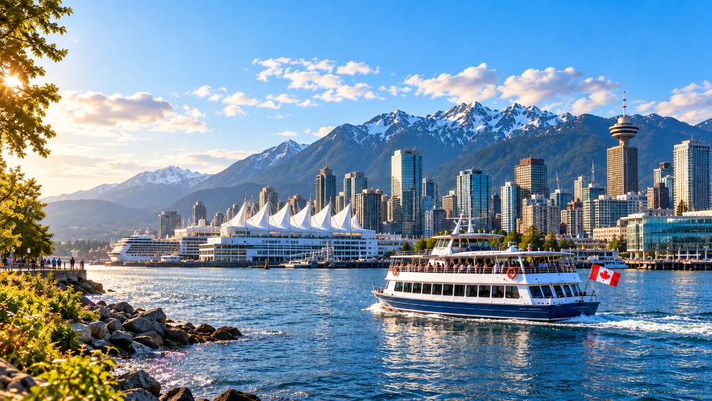 Sightseeing boat on Vancouver harbour with skyline, Canada Place, and mountains